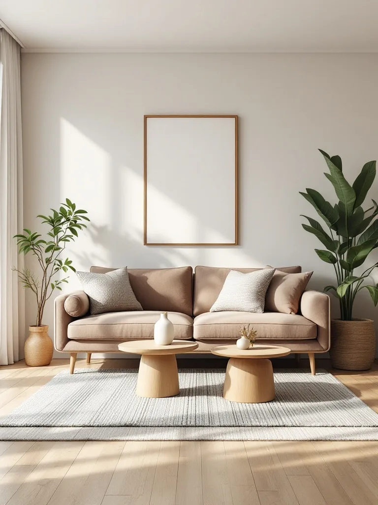 A Japandi style living room with a beige sofa, wooden coffee tables, and plants.