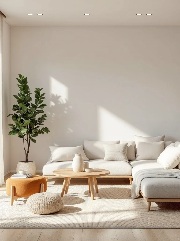 A stylish Japandi living room featuring neutral colors, a cozy couch, and indoor plants.