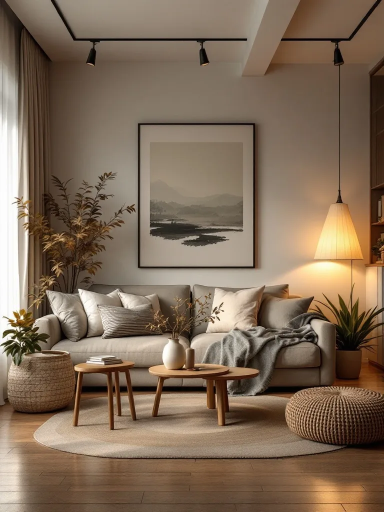 A cozy Japandi living room featuring layered lighting with a floor lamp, ceiling spotlights, and a light color palette.