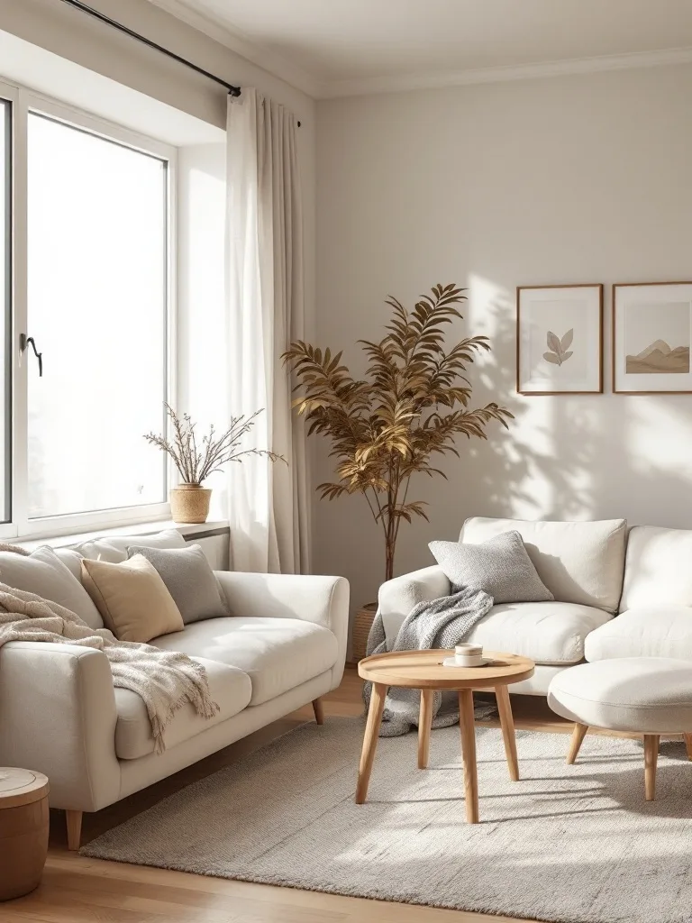 A serene Japandi living room with a neutral color palette featuring light sofas, natural wood accents, and plants.