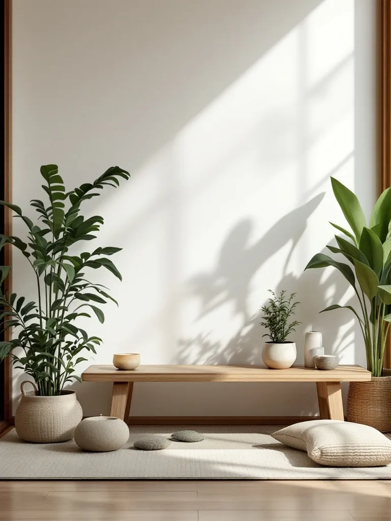 A serene Zen corner with a wooden bench, cushions, and indoor plants, showcasing Japandi design aesthetics.