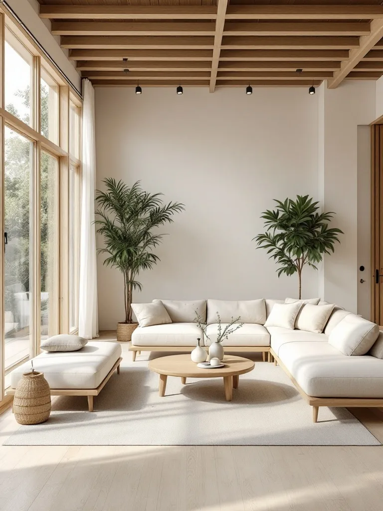 Japandi style living room with large windows, light wood beams, neutral furniture, and indoor plants.