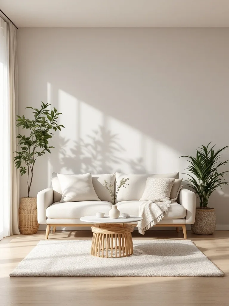 A serene Japandi living room featuring a neutral color palette with a beige sofa, light wooden flooring, and green plants.