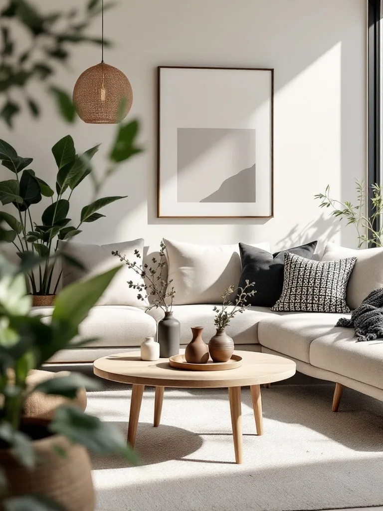 Cozy Japandi living room featuring a light-toned sectional sofa, round wooden coffee table, and plants.