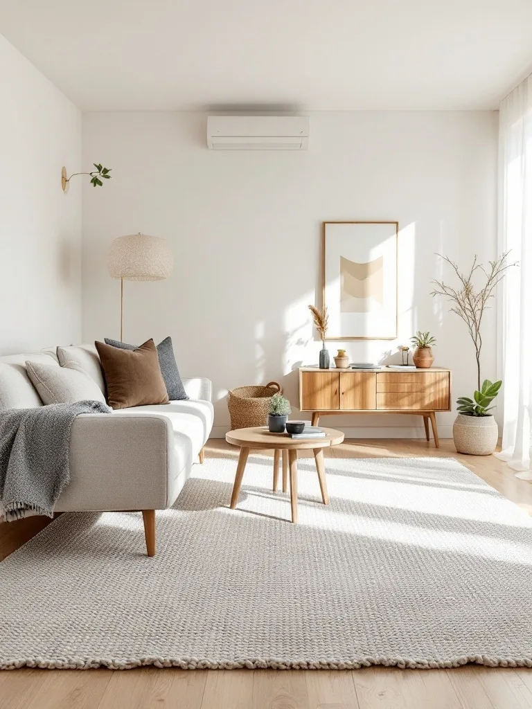 A Japandi living room featuring a soft, textured rug, minimalist furniture, and warm lighting.