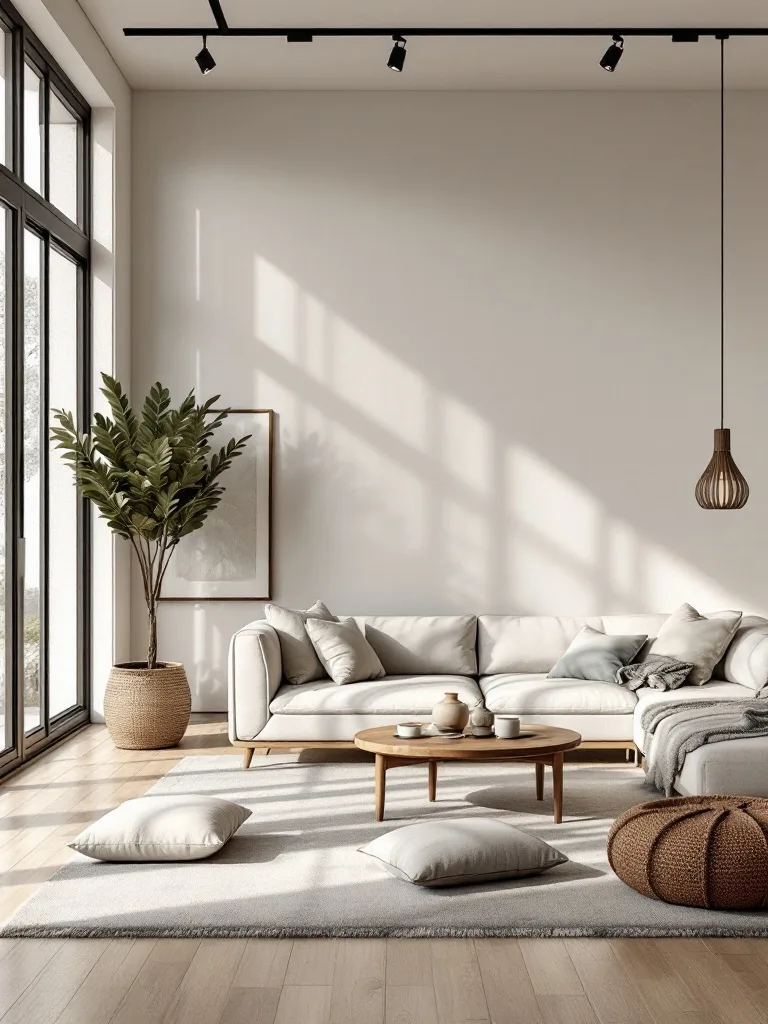 A modern living room with modular furniture, featuring a light sofa, round coffee table, and soft floor cushions.