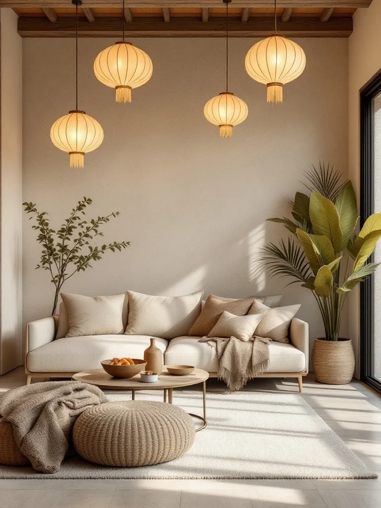 A modern Japandi living room featuring rice paper lights, a cozy sofa, and indoor plants.