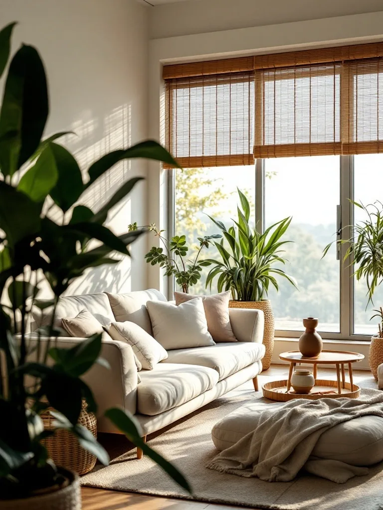 A cozy Japandi living room featuring bamboo elements with plants, soft cushions, and natural light.