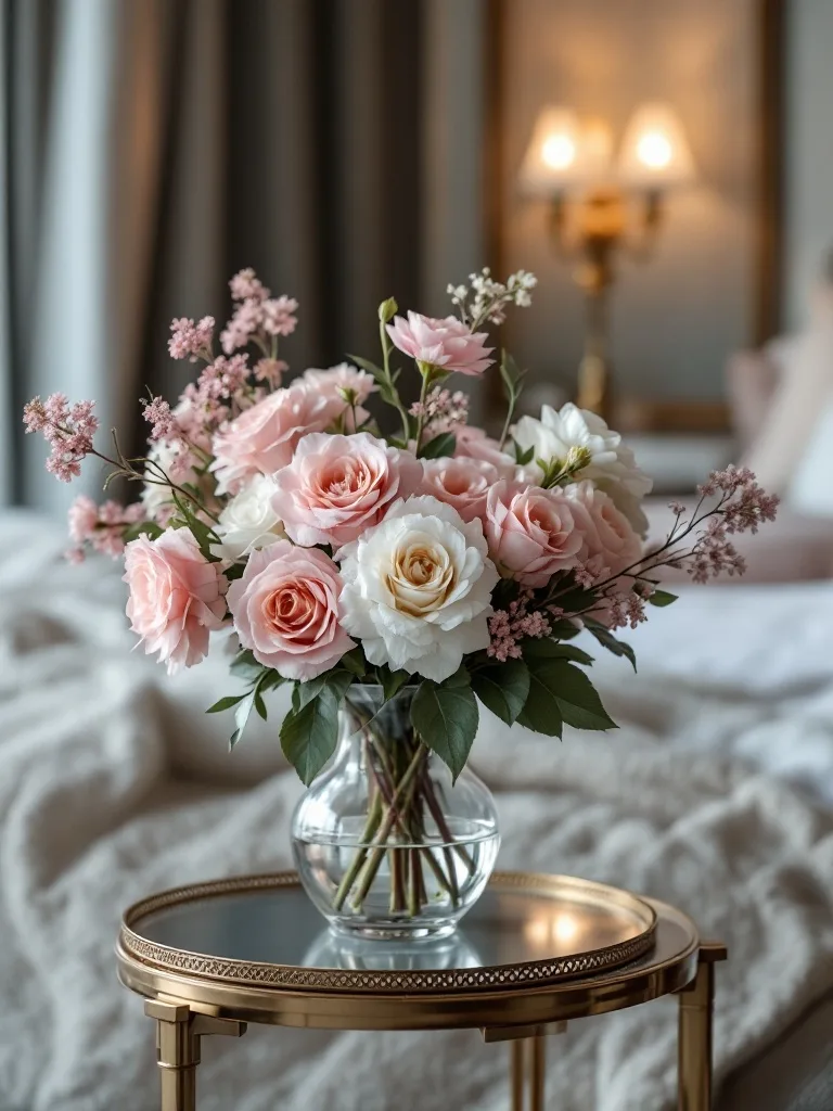 A bouquet of pink and white roses in a clear glass vase on a gold side table, with a cozy bedroom background.