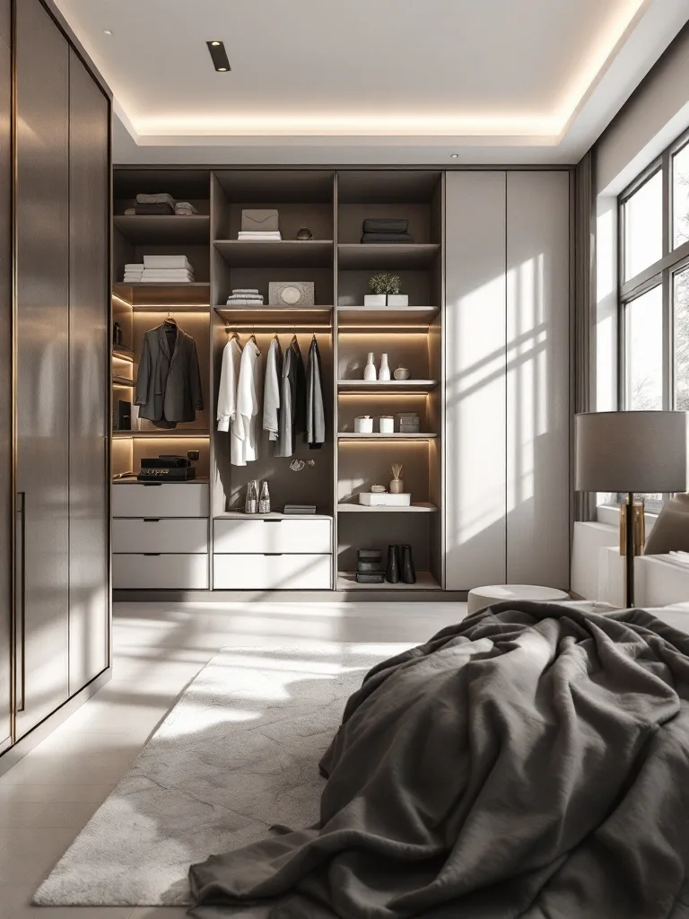 A modern luxury bedroom closet design featuring open shelves, organized clothing, and soft lighting.