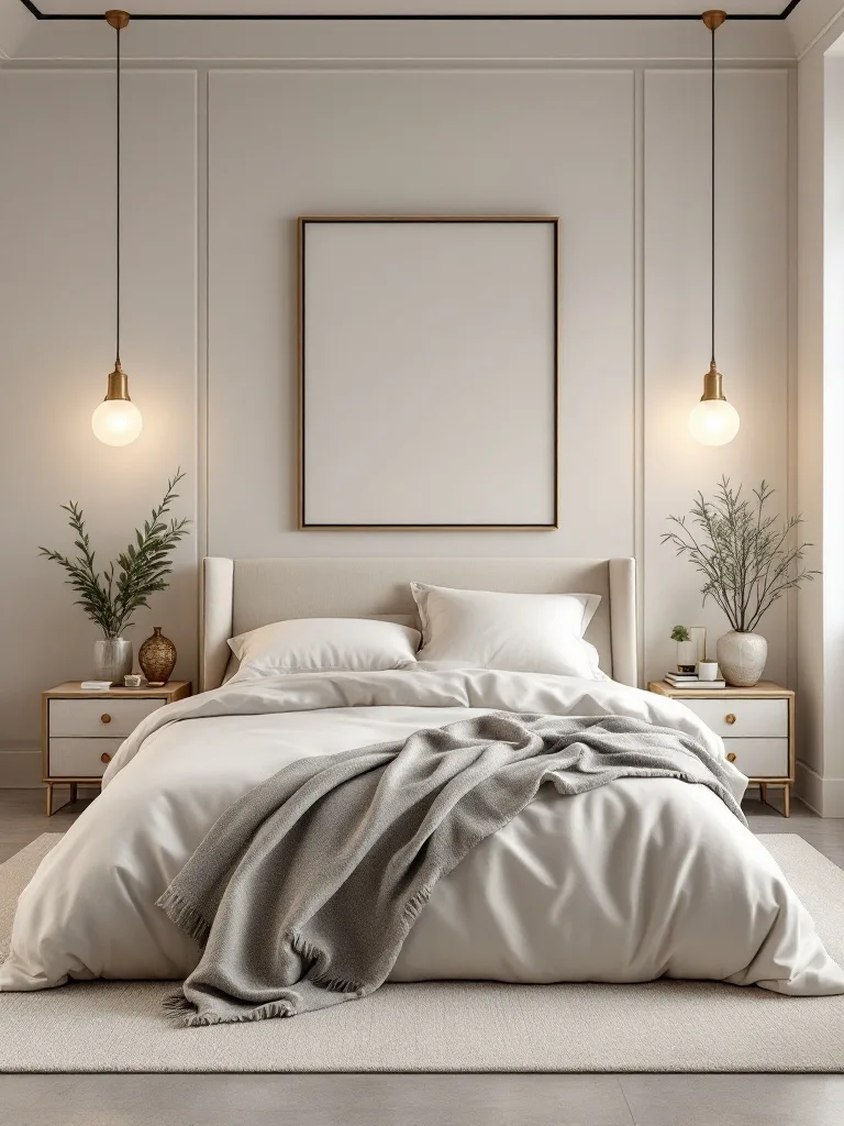 Minimalist luxury bedroom with neutral colors, textured linens, and soft lighting.