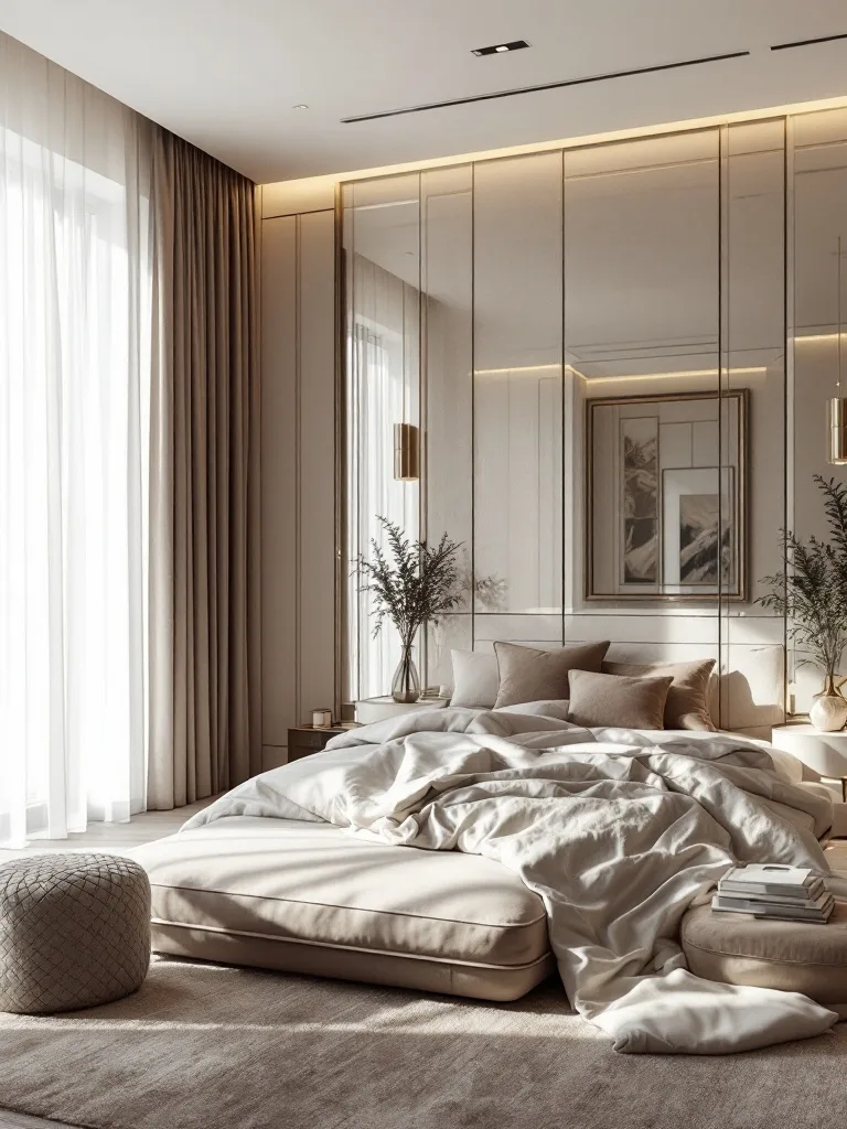 Luxury bedroom featuring large mirrored panels, soft bedding, and elegant decor.
