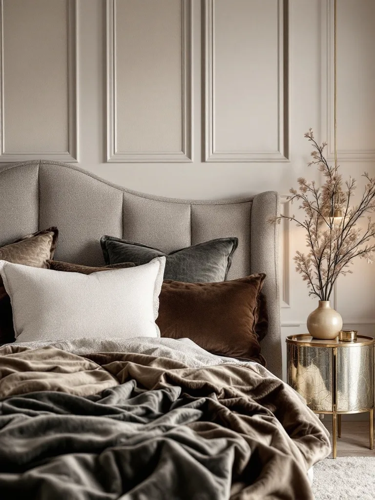 A luxurious bedroom featuring a soft, upholstered headboard with various pillows and a stylish side table.