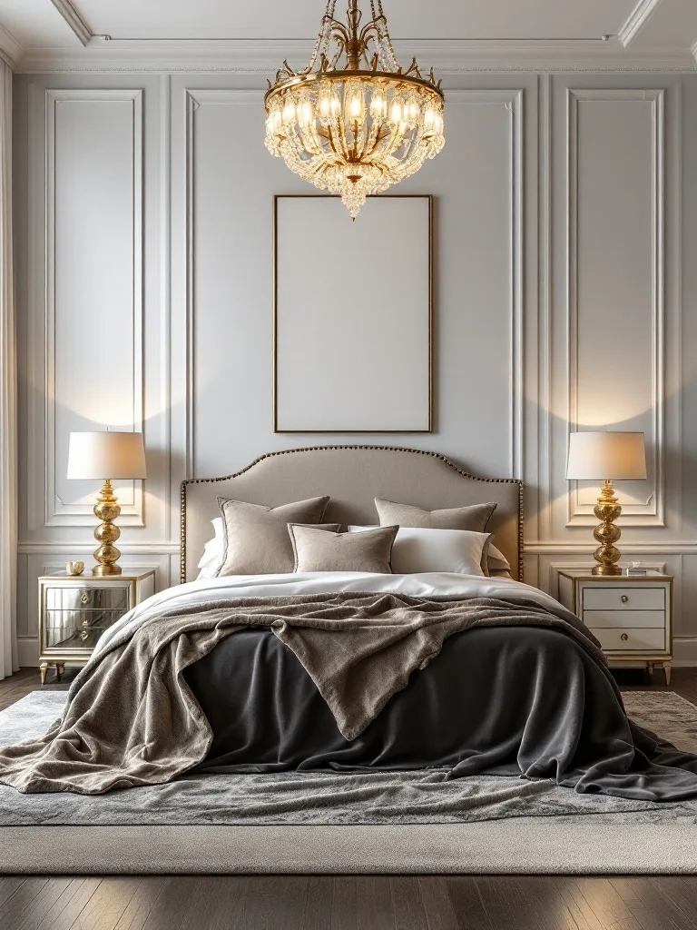 A luxurious bedroom featuring a stunning chandelier, elegant bedside lamps, and plush bedding.