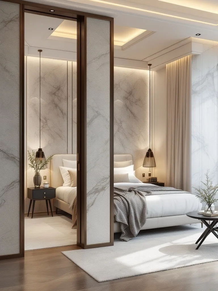 A luxury bedroom with a modern partition, showcasing a stylish design and cozy atmosphere.