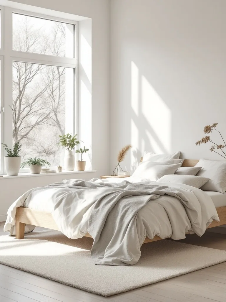 A minimalist bedroom with a wooden bed, soft bedding, and large windows allowing natural light.
