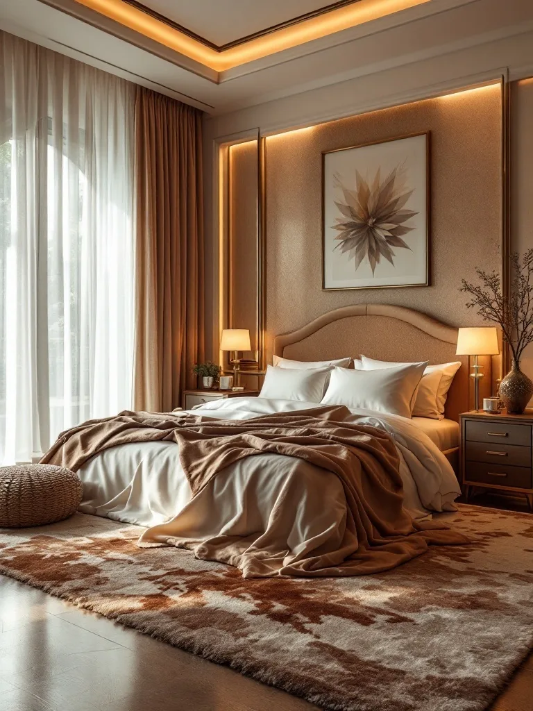 A luxurious bedroom featuring a plush rug, soft bedding, warm lighting, and elegant decor.