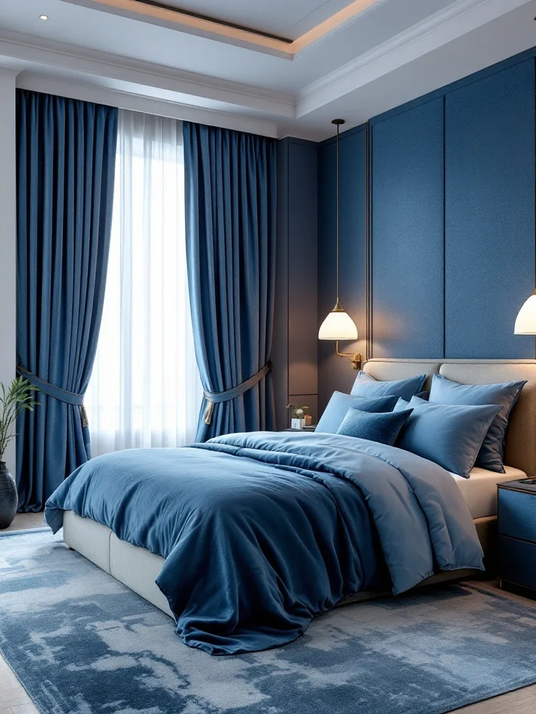 A luxury bedroom featuring layered shades of blue with a plush bedspread and stylish curtains.