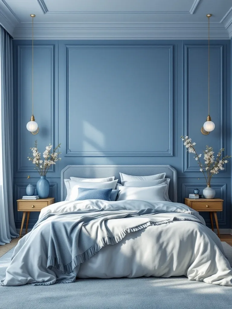 Luxury blue bedroom with soft bedding and stylish decor