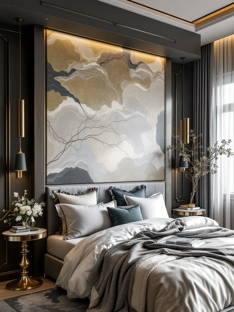 A stylish luxury bedroom with modern decor, featuring a textured wall art piece, elegant bedding, and chic nightstands.