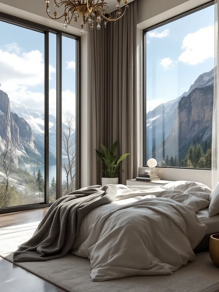 A luxurious bedroom with large windows showcasing mountains and a lake view