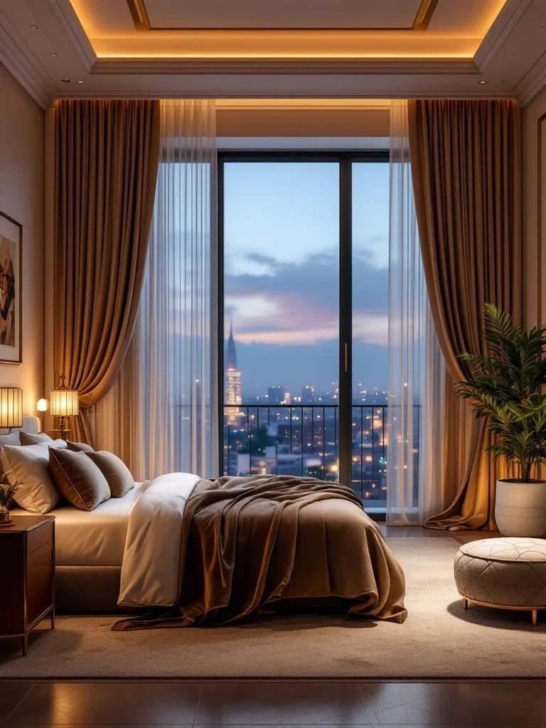 A luxurious bedroom featuring long curtains and a city view.