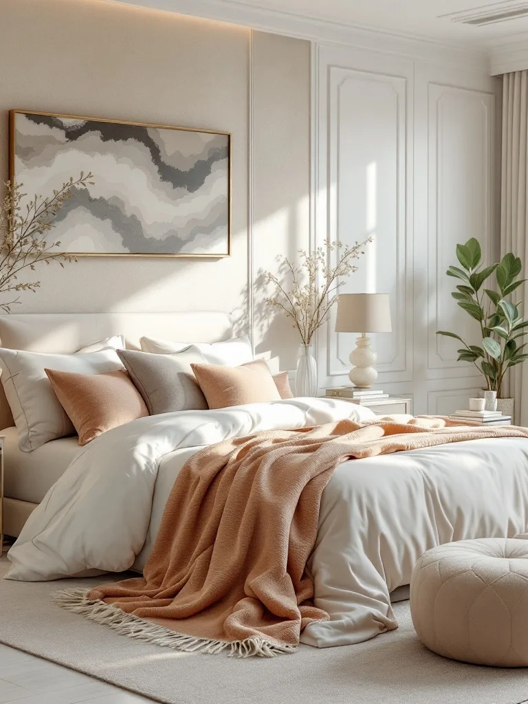 A luxury bedroom featuring a cozy bed with plush bedding and pillows, accented by soft colors and warm textures.
