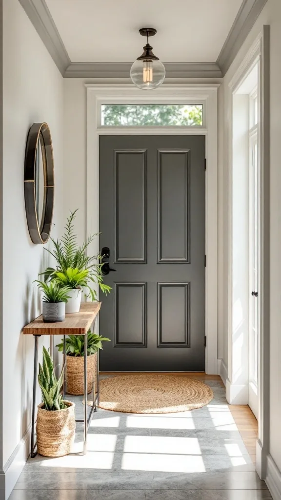 A stylish entryway featuring a dark door, a round mirror, and a console table with various potted plants.