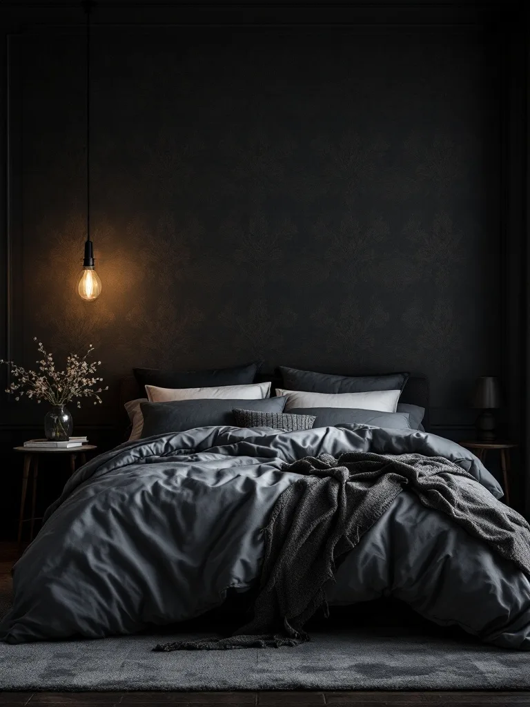 A dark bedroom featuring a cozy bed with gray linens, subtle patterned wallpaper, and warm pendant lighting.