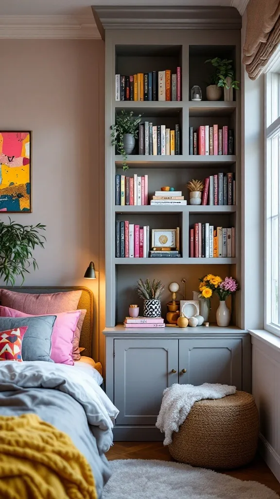 Built-in bookshelves in a cozy bedroom with colorful books and decorations