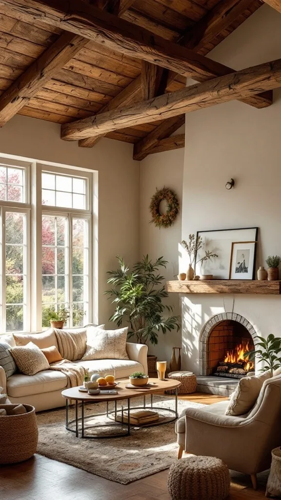 A cozy living room featuring wooden ceiling beams, a fireplace, and plants, creating an earthy atmosphere.