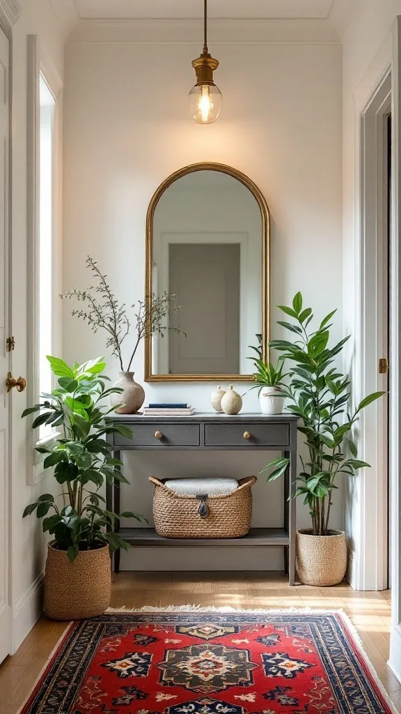 A stylish entryway featuring a full-length mirror, a console table with decorative items, and potted plants.