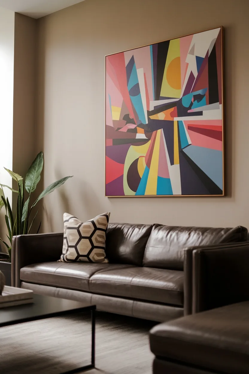 A modern abstract art piece displayed above a leather couch in a stylish living room.