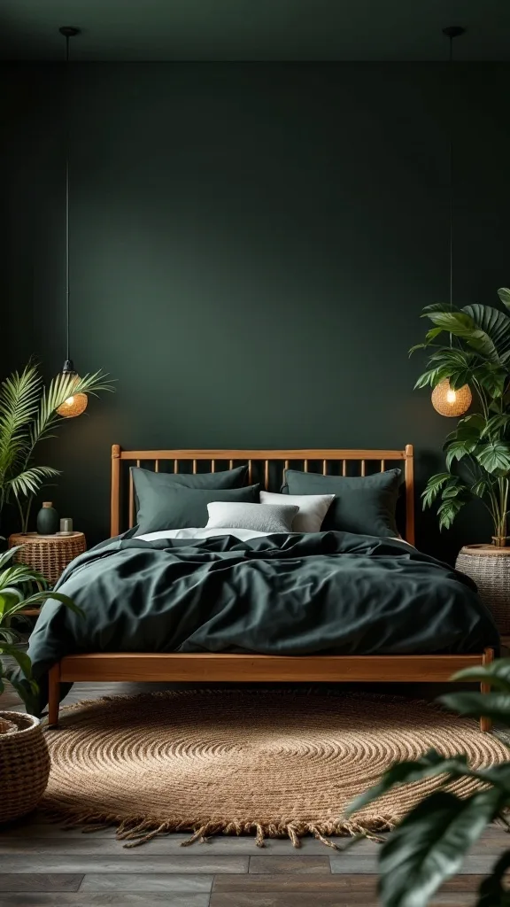 A moody dark green bedroom featuring a wooden bed, plants, and natural materials.