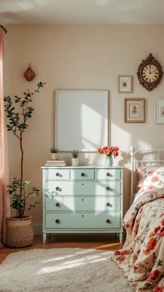 A cozy teen girl's bedroom featuring a mint green dresser, floral bedding, and vintage wall decorations.