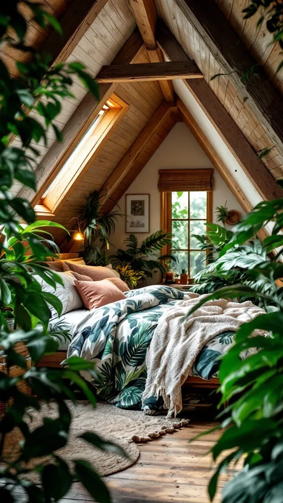 A cozy attic bedroom with a jungle theme featuring plants, a bed with leaf-patterned bedding, and wooden beams.