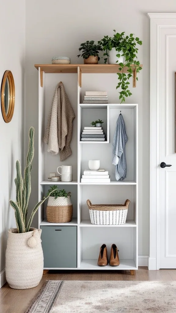 Stylish cube storage unit in an entryway, featuring plants, baskets, and neatly arranged items