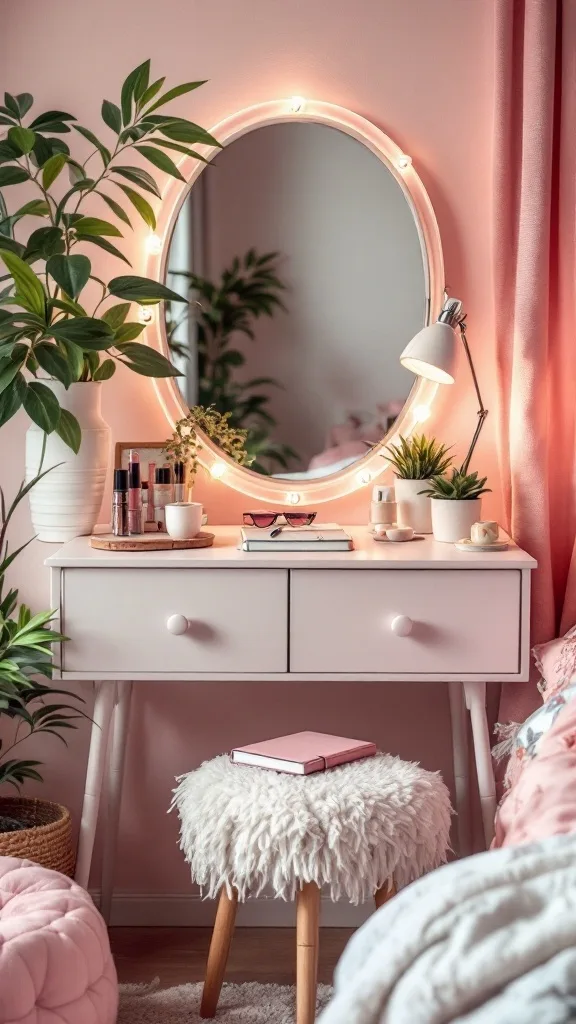 A stylish desk and vanity setup in a teen girl's bedroom, featuring a round mirror, plants, and cozy decor.