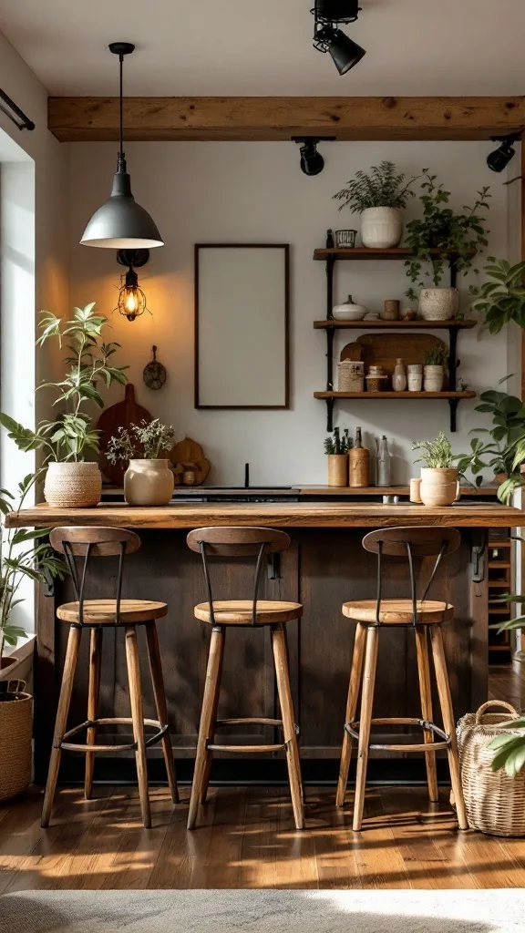 A cozy living room with wooden bar stools in front of a stylish bar area, surrounded by plants and warm lighting.