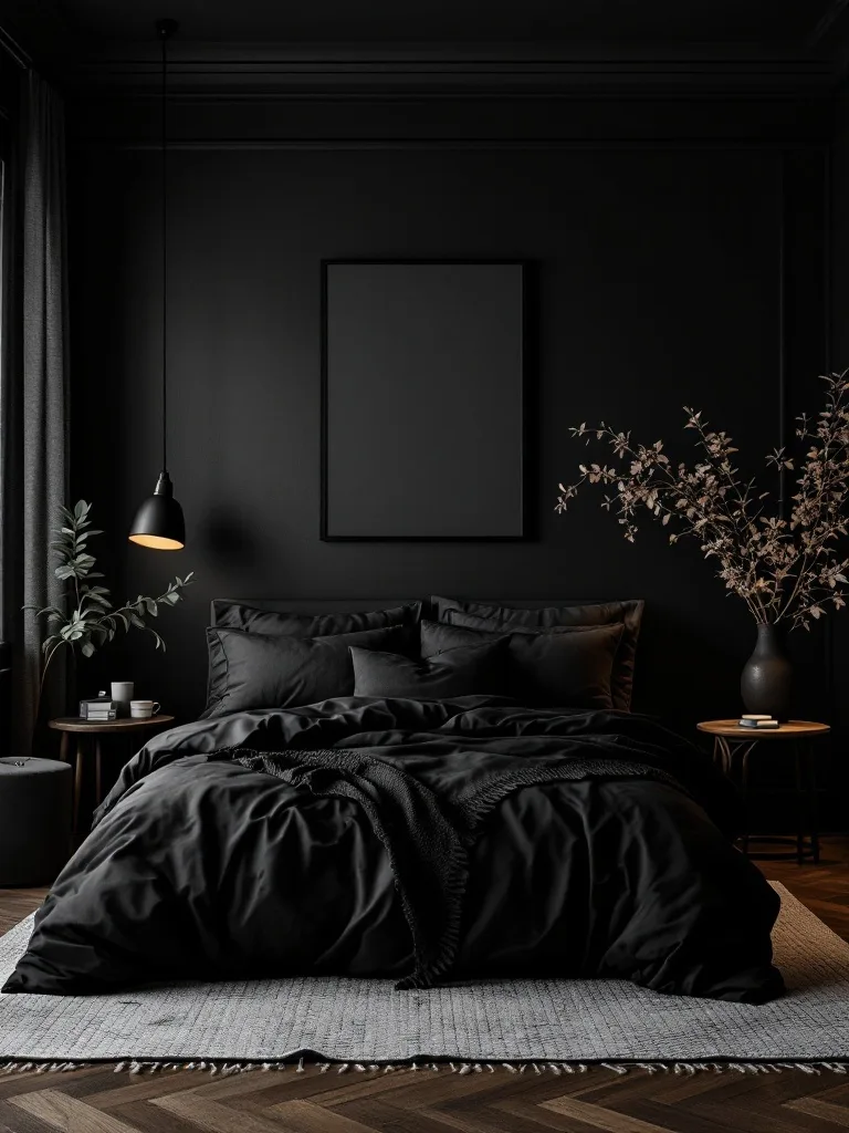 A moody dark bedroom featuring layered black finishes, with black bedding, walls, and minimalist decor.