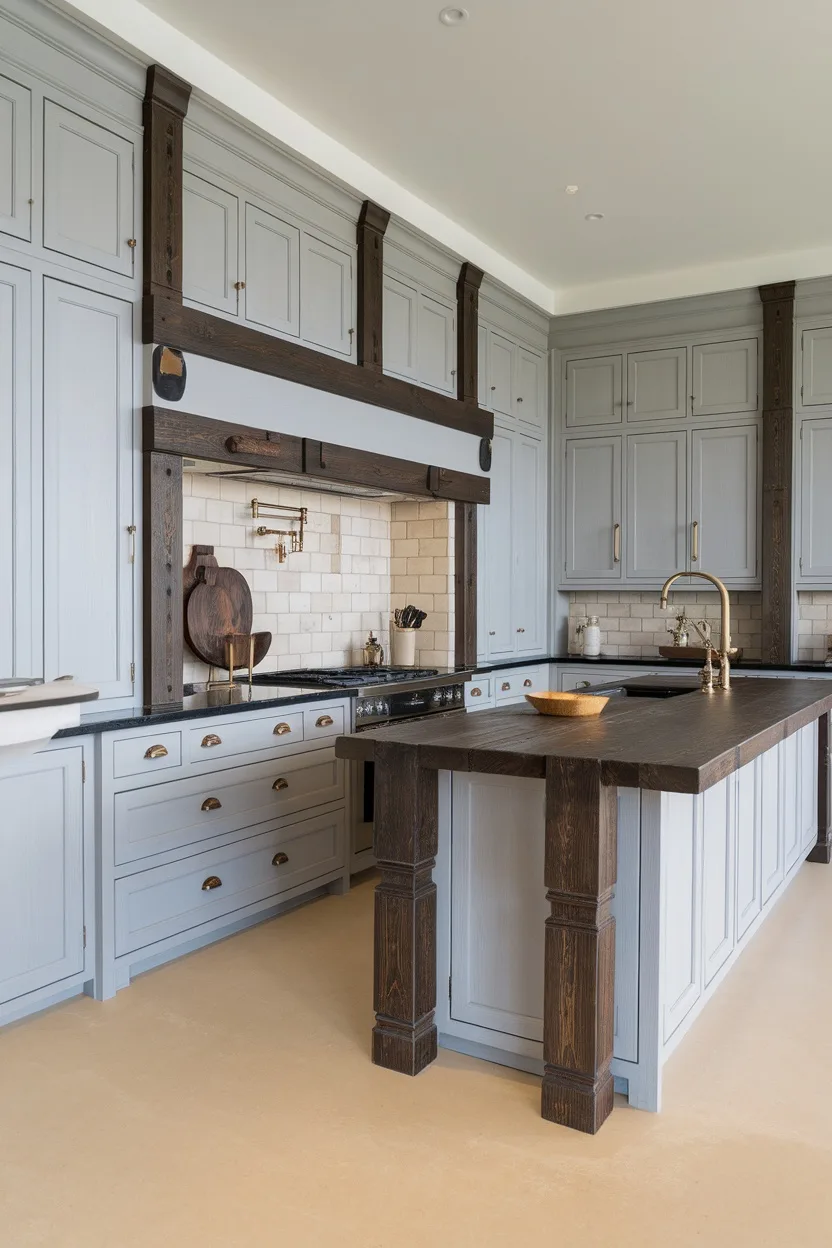 A kitchen with light gray cabinets and dark natural wood accents, featuring a stylish island and modern design.