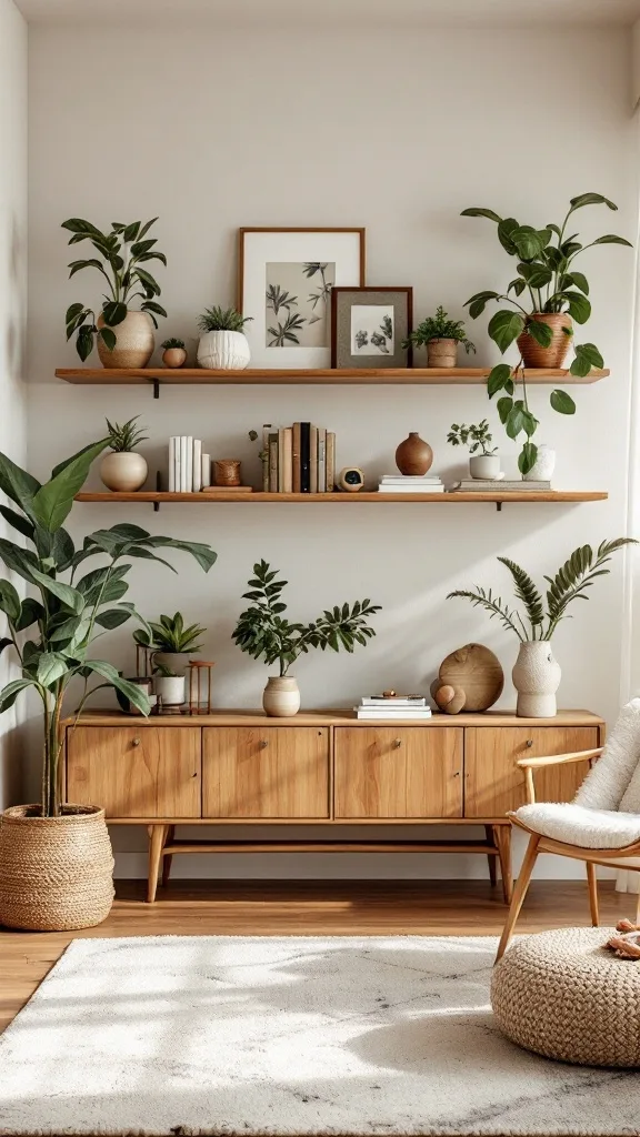 A living room featuring live-edge shelves with plants and decor, showcasing a cozy and earthy aesthetic.