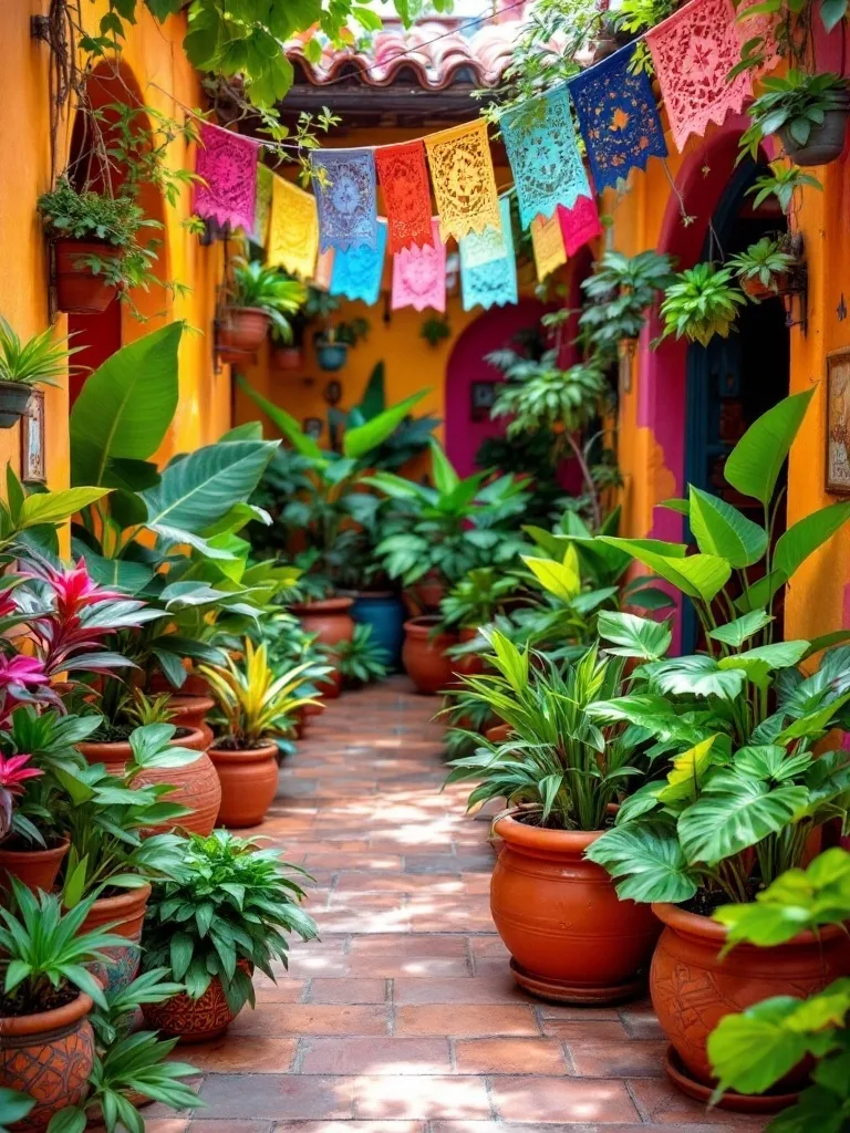 A vibrant Mexican patio filled with tropical plants and colorful decorations.