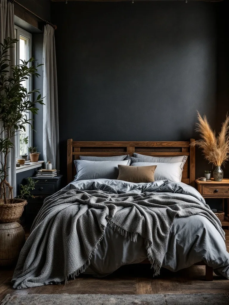 Moody dark bedroom with wooden bed, gray bedding, and plants.