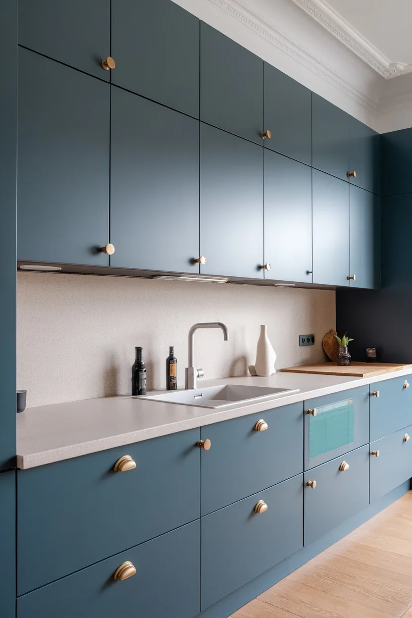 Modern kitchen featuring matte blue gray cabinets with gold knobs and a light countertop.