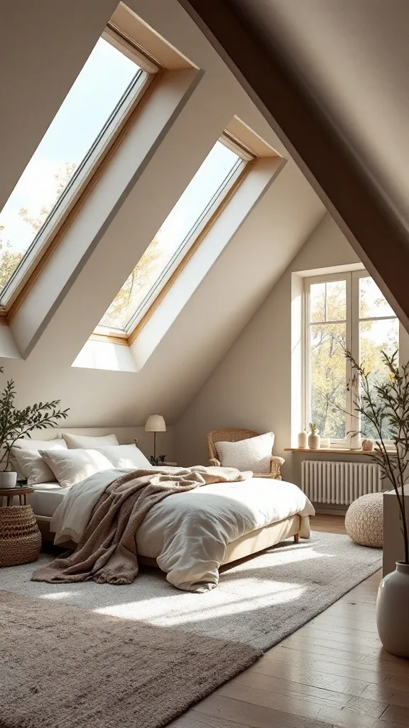 A bright and cozy attic bedroom with slanted windows and soft decor.