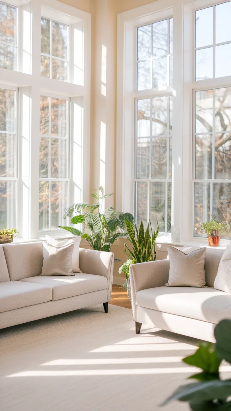 A bright living room featuring two light-colored couches near large windows with plants