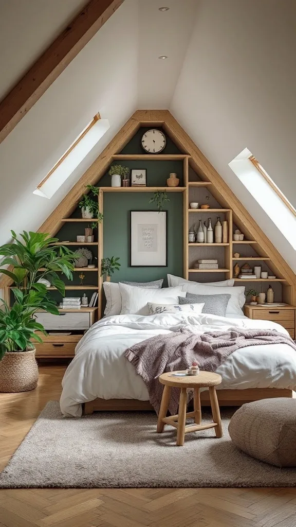 Cozy attic bedroom with built-in shelves, plants, and a minimalist design.