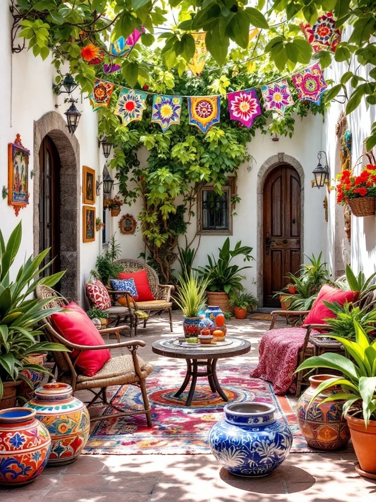 A vibrant Mexican patio with colorful papel picado banners, intricate pottery, and cozy seating.