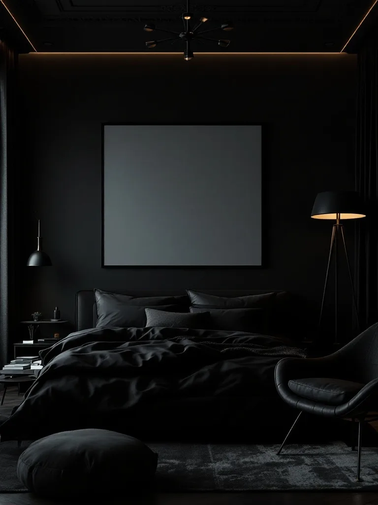 A dark bedroom featuring black walls, bedding, and leather accents, with soft lighting.